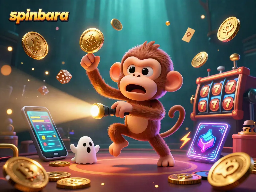 Join the thrill with spinbara in this vibrant illustration showcasing a mischievous monkey juggling casino treasures.