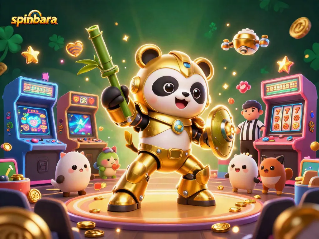 Spinbara casino showcases a vibrant 3D illustration of a golden panda in a mech-suit amidst exciting game elements.