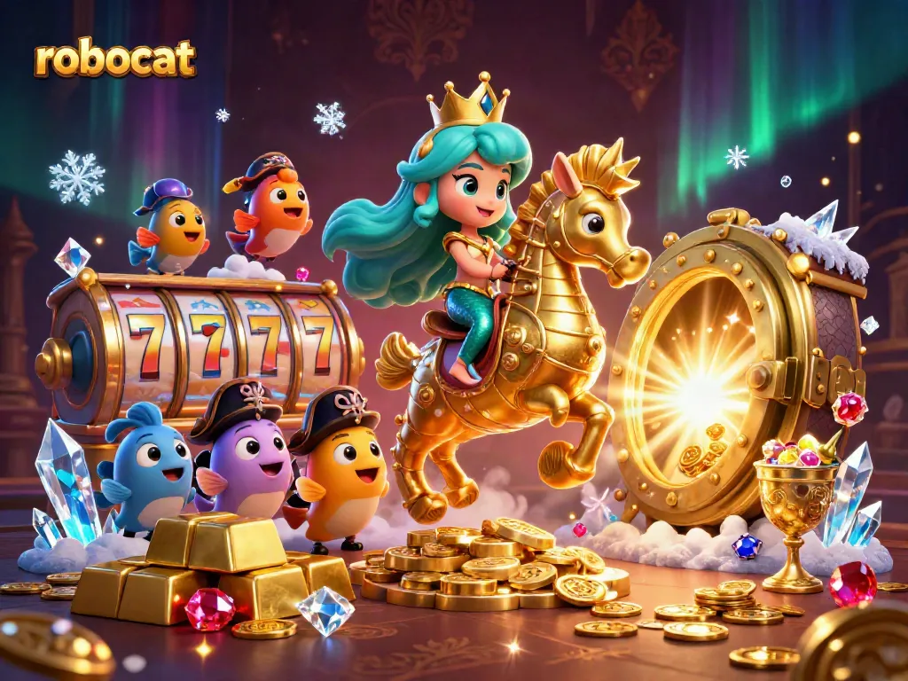 Experience the excitement of robocat casino with a vibrant 3D illustration showcasing slot games, treasures, and fun characters.