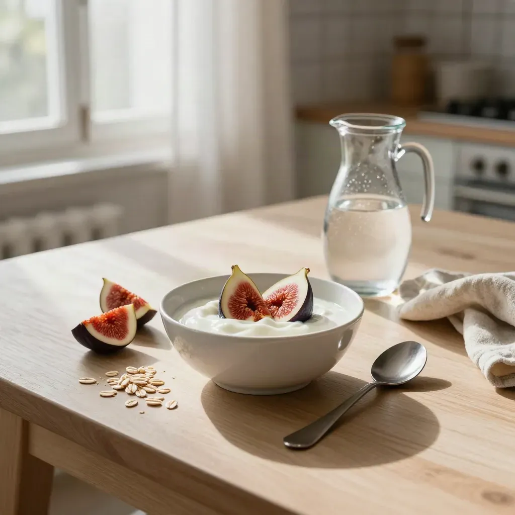 Desayuno tranquilo con yogur, higos, avena y una jarra de agua sobre mesa luminosa.
