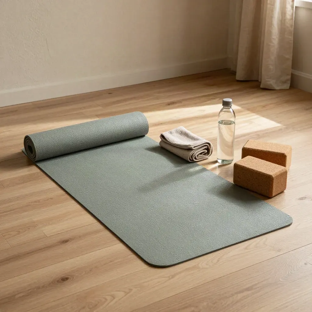 Esterilla de yoga medio desenrollada, toalla, botella y bloques de corcho en luz de tarde.