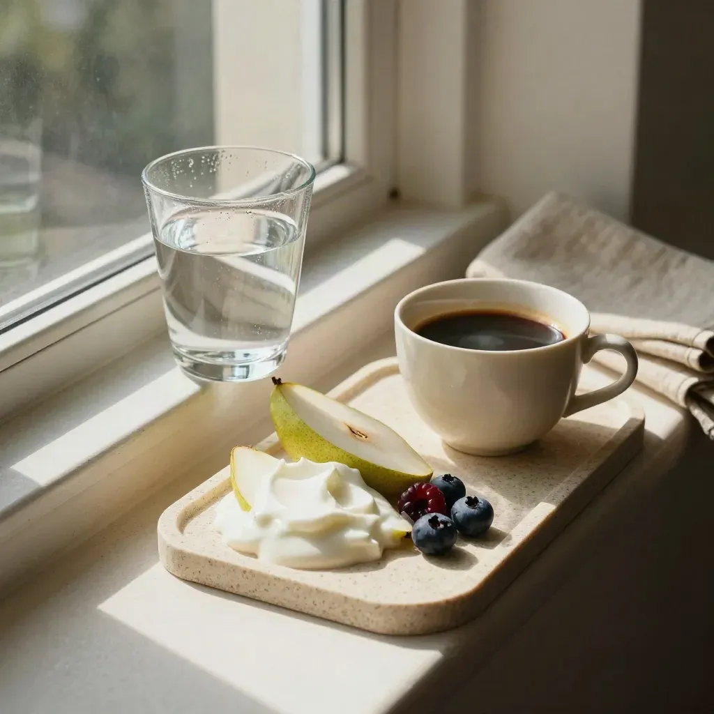 Vaso de agua, café descafeinado y yogur con fruta sobre travertino junto a una ventana.