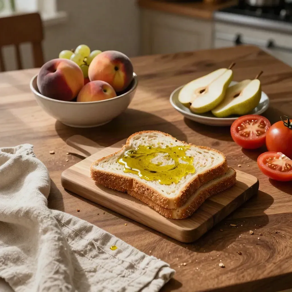 Desayuno servido en mesa de lino con tostadas, tomate, aceite y fruta.