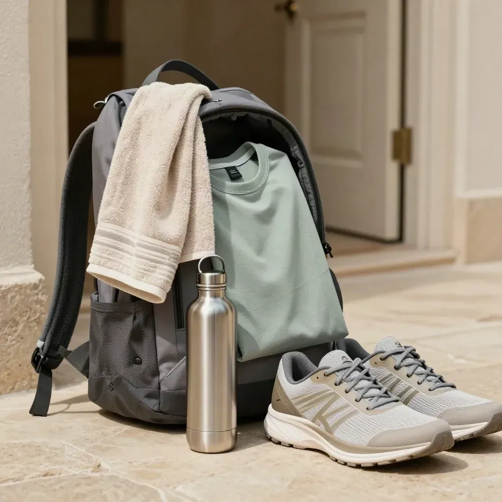 Mochila deportiva abierta con camiseta técnica, toalla, botella metálica y zapatillas junto a una puerta.