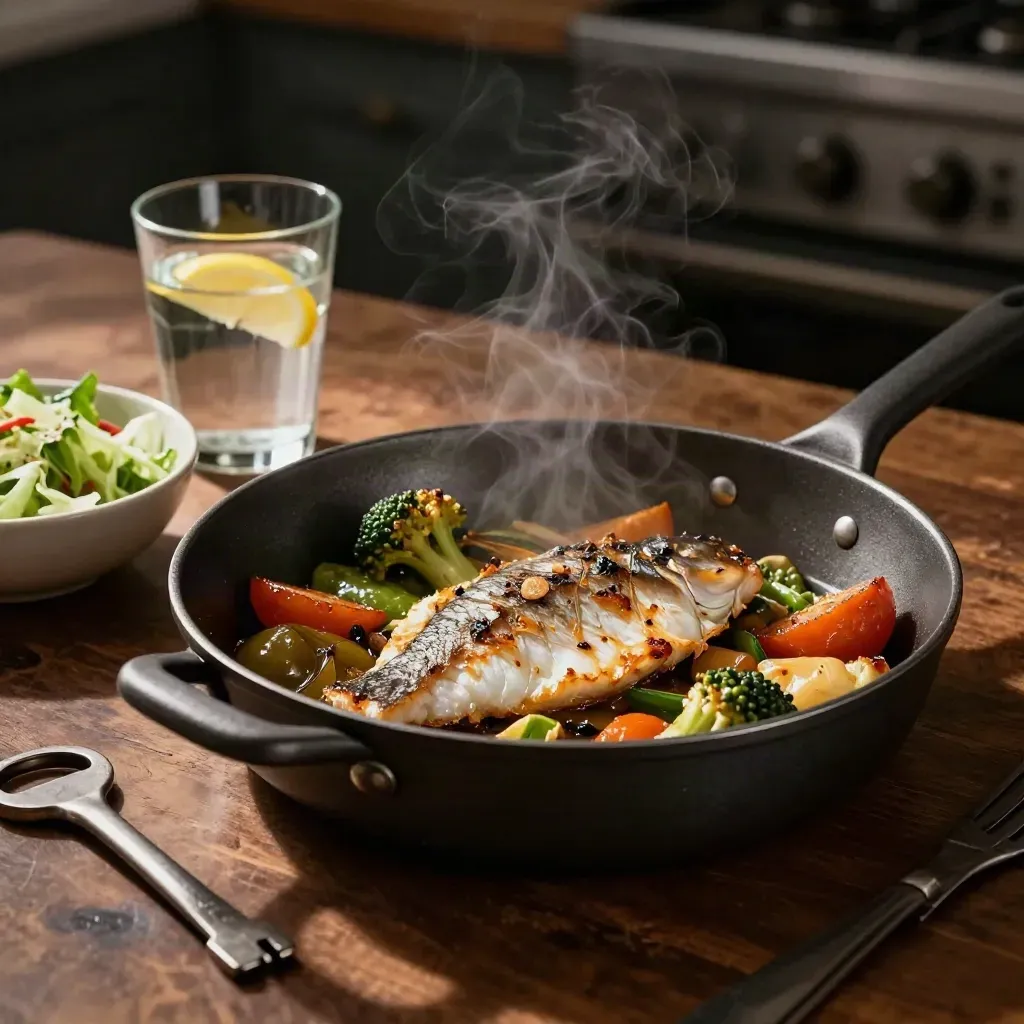 Sartén con verduras y pescado, ensalada pequeña y vaso de agua con limón en una mesa oscura
