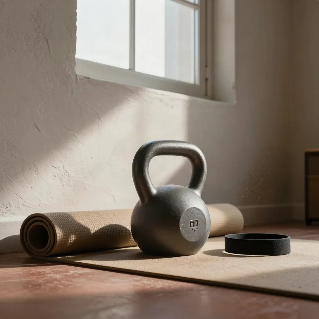Rincón de entrenamiento en casa con kettlebell, esterilla y banda junto a una ventana alta al atardecer