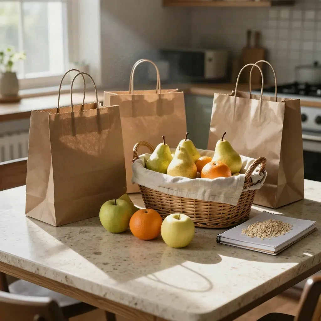 Mesa de domingo con bolsas del mercado, cesta de mimbre, fruta y libreta cerrada