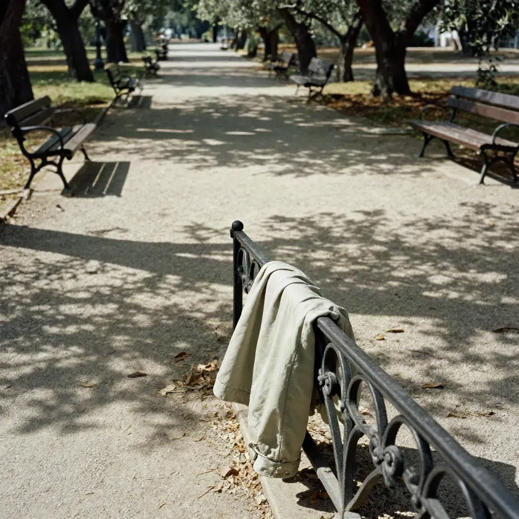 Sendero de parque con bancos vacíos, chaqueta ligera sobre baranda y hojas movidas por la brisa.