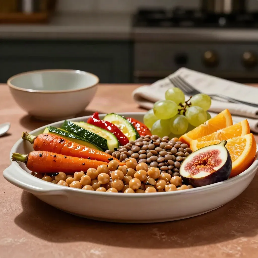 Fuente cerámica con legumbres, fruta y verduras asadas sobre mesa cálida de mediodía