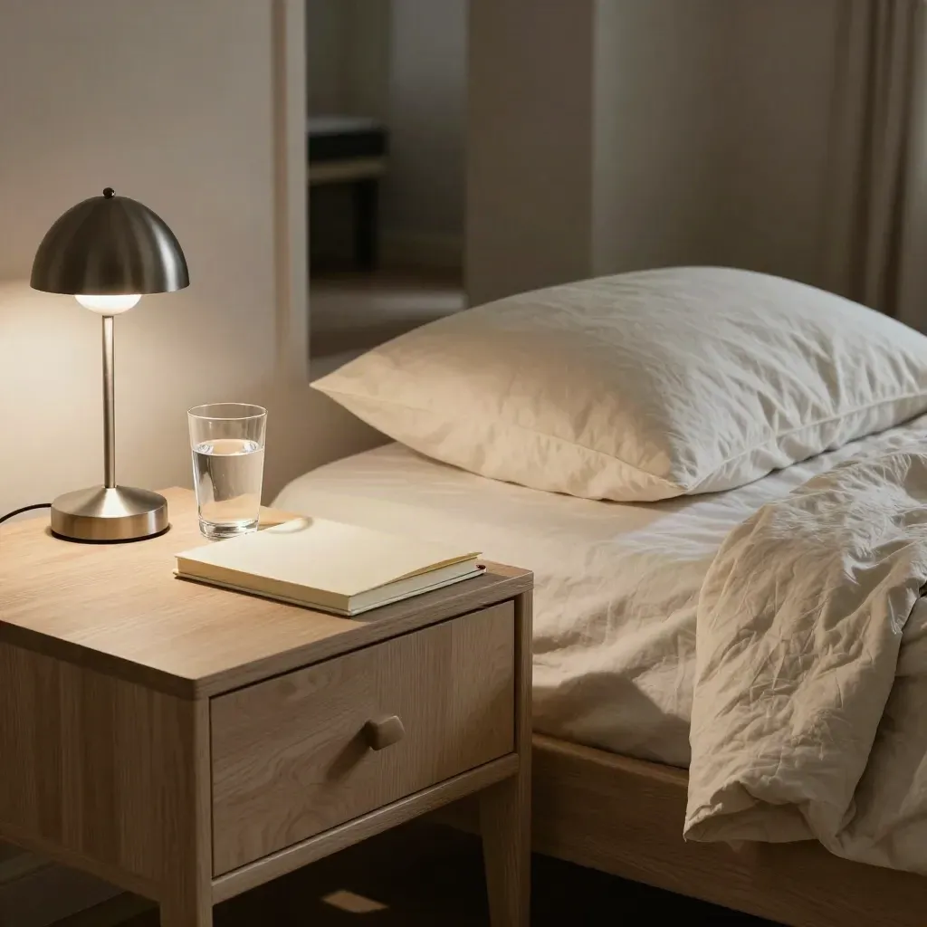 Mesita de noche con cuaderno cerrado, vaso de agua, lámpara apagada y almohada en penumbra.