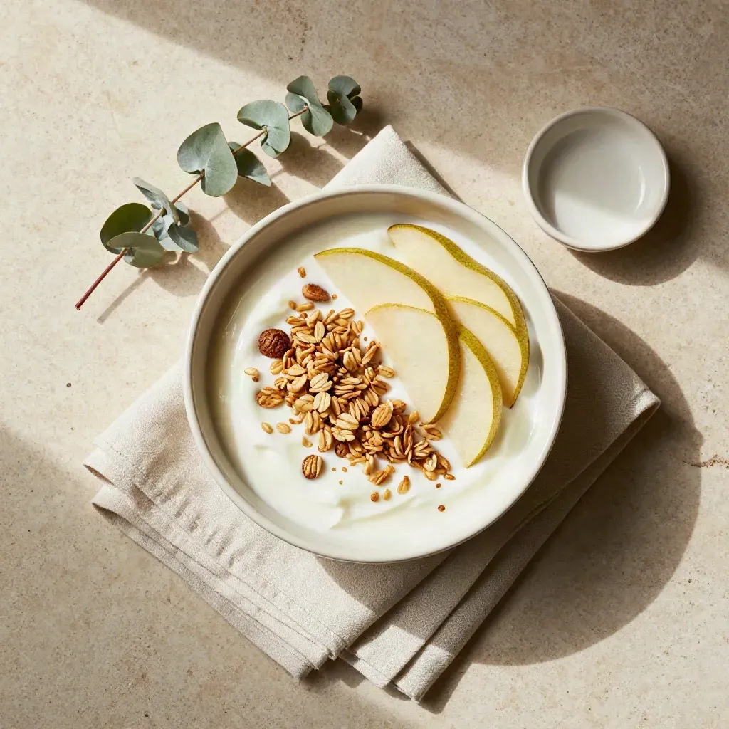 Cuenco de yogur con granola y pera, lino y eucalipto sobre piedra clara.