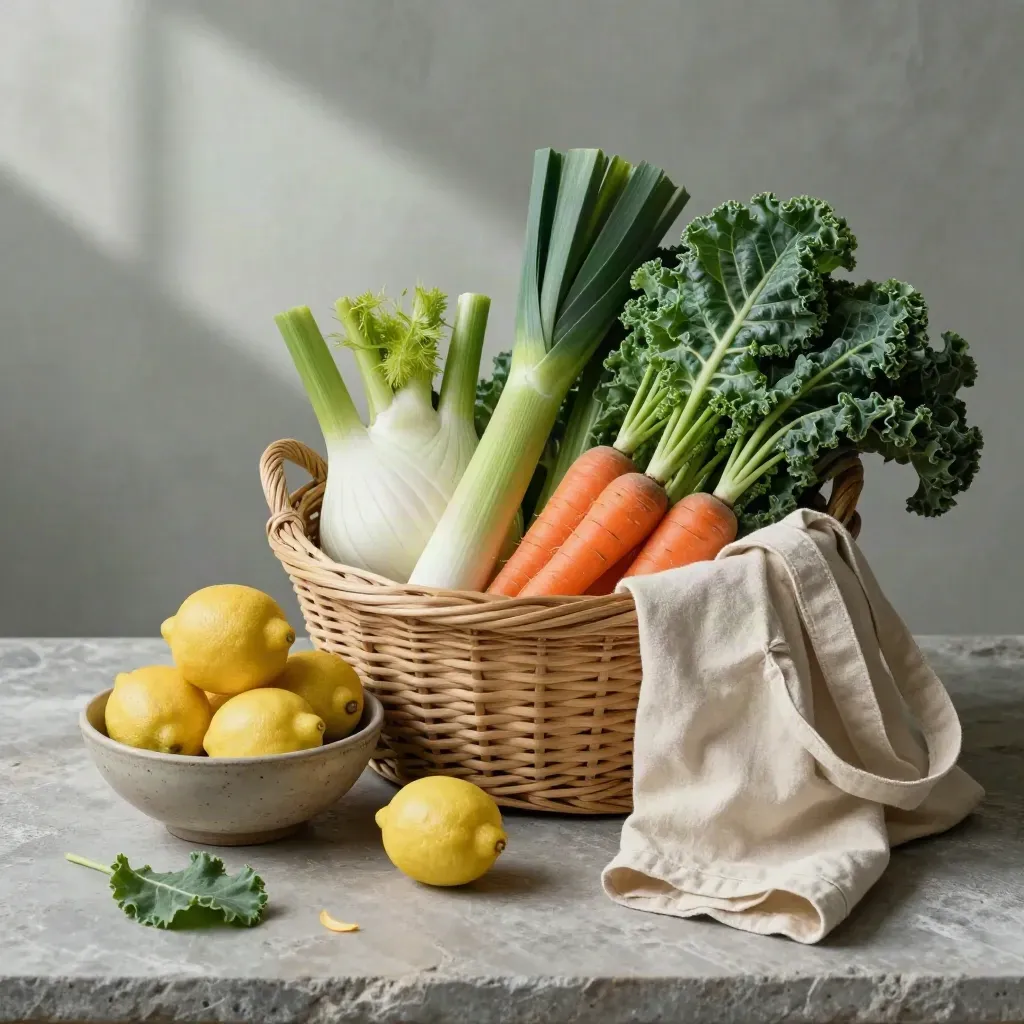 Cesta de verduras de temporada, cítricos, col y bolsa de tela sobre piedra, luz suave.