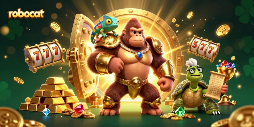 Win jackpots at robocat with an exhilarating 3D casino-themed illustration of vibrant characters and gaming elements.